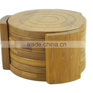 DT017 All Natural Round Bamboo Coaster, Set of 6 PCS in Holder Bamboo Table Mat thumbnail-2