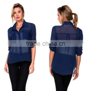 Latest Women Long Sleeve Loose Chiffon Casual Tops Button Down Shirt Ladies Blouse thumbnail-2