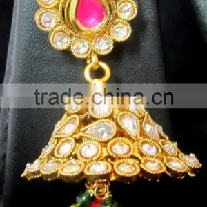 GOLD PLATED Polki Necklace Jhumka Chandelier EARRING Set thumbnail-5