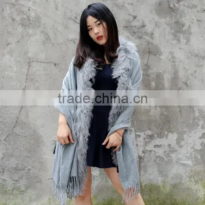CX-B-P-04B Fashion Accessories 2017 Cashmere Shawl With Fur Trim thumbnail-2