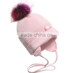 Myfur Double Deck Cotton Yarn Crochet Knitting Hat With Removable Raccoon Fur Pom Pom thumbnail-1