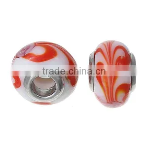 Lampwork Glass European Style Large Hole Beads Round Pattern White & Red With 304 Stainless Steel Silver Tone Core thumbnail-3