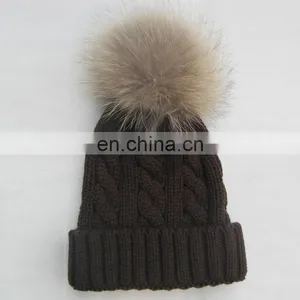 Fashion Knit Cable Hats With Big Natural Raccoon Fur Pom Poms thumbnail-4