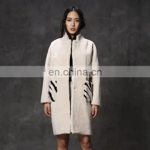 Hot Sales Merino Lamb Fur Long Coat With Zebra Pattern Pocket for Women thumbnail-1