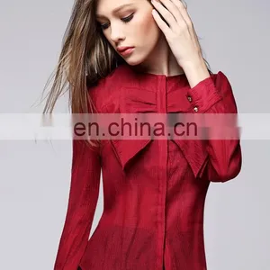 Fashion Red Color Bowknot Round Neck Lond Sleeves Office Lady Linen Shirt Blouse thumbnail-1