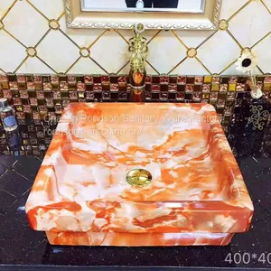 Yellow Ceramic Hand Wash Basin Square Single Hole Tabletop Bathroom Wash Basin Sink With Hand Paint Fancy Design thumbnail-3