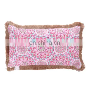 Custom Made Decorative 3D Printed Pink Flowers Outdoor Bench Waterproof Throw Pillow Cushion With Jute Fringe thumbnail-2