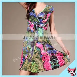 V Neck Flower Printed Fabric Patterns Lady Dress thumbnail-2