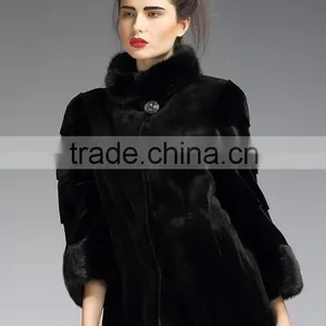 Rex14052 Sheeted Rex Rabbit Fur Coat Mink Collar Cuffs Stand Collar thumbnail-1
