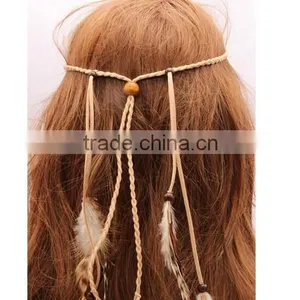 Boho Hippie Feather Leaf Hairband Tassels Weave Headband Elastic Headdress thumbnail-4