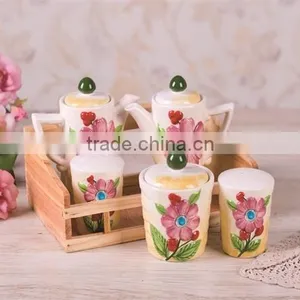 Embossed Ceramic Salt & Pepper Shakers + Oil & Vinegar Bottle + Sugar Jar Set With Wooden Stand thumbnail-1