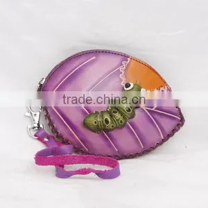 Handmade Leather Large Caterpillar on Leaf Coin Purse thumbnail-1