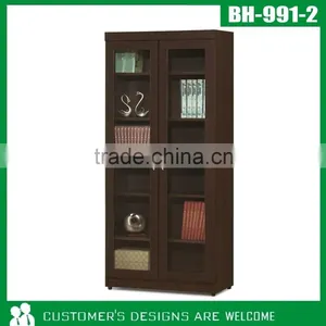 Walnut Finished Wood Book Shelf With Glass Door, Modern Book Cabinet thumbnail-1