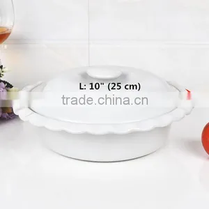 10" Round White Ceramic Cookware With Lid thumbnail-2