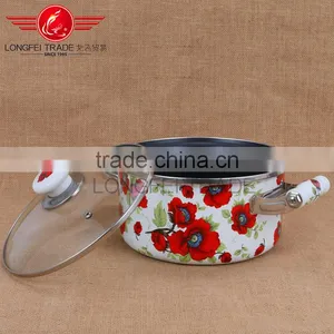 Enamel Decal Full Flower Casserole Cooking Pot Stew Pot Turkey Pot With Glass Lid thumbnail-3