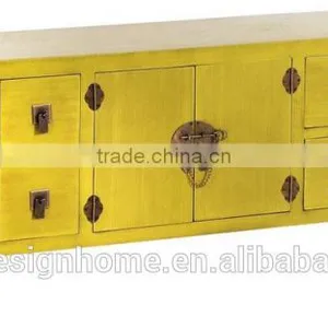 YELLOW ORIENTAL WOODEN CABINET W/2 DOORS & 8 DRAWERS thumbnail-1