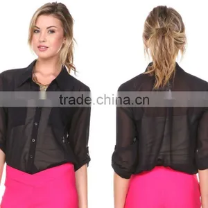 Latest Women Long Sleeve Loose Chiffon Casual Tops Button Down Shirt Ladies Blouse thumbnail-3