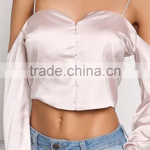 MGOO Custom Manufacturer Polyester Cropped Blouses Blush Silky Cold Shoulder Long Sleeves Satin Crop Tops thumbnail-4