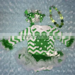 2015 New st Patrick Day Shamrock Clover Green Baby Romper Tutu Romper Dress With Matching Necklace and Headband Set thumbnail-1