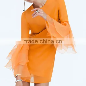 Flare Sleeve Fashionable Shift Dress for Women 2017 Orange Short Dresses thumbnail-4