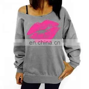 New Wholesale Women Lips Print Pullover One Shoulder Jumper Sweater Hoodie Sweatshirt Tops thumbnail-3