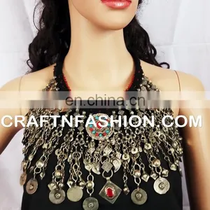 Designer Vintage Afghani Old Necklace Set -1960s Vintage Coin Afghan Necklace , Tribal Bellydance Set, Afghani Bohemian Set thumbnail-2