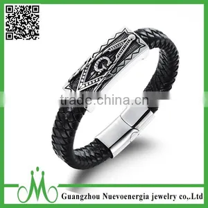 Braided Black Genuine Leather Bracelet Wholesale Mens Stainless Steel Clasp thumbnail-1