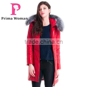 New 2016 Women Winter Leather Jacket Medium Length Slim Fit Coat With Brown Fox Fur Hat Overcoat thumbnail-2