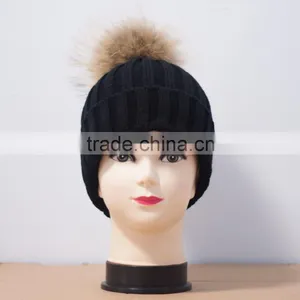 KH1214 Knitted Full Raccoon Fur Pompom Wool Hat thumbnail-1