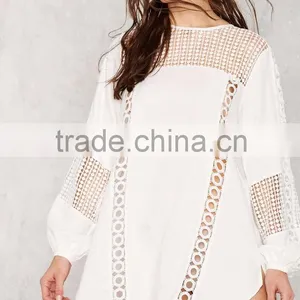 2016 Latest Design Long Sleeves Ladies Crochet Trim White Tunic Dress thumbnail-2
