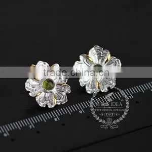 925 Sterling Solid Silver Peony Flower Green Yellow and Blue Tourmaline Earring Stud Fashion Women Earring DIY Jewelry 6730608 thumbnail-4