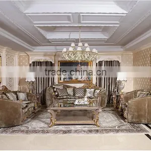 Gold Leaf Finished European Palace Hand Carved Sofa, European Living Room Furniture Set(MOQ=1 SET) thumbnail-1