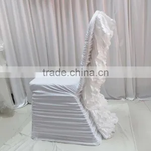 High Quality White Ruffled Spandex Chair Cover With Satin Crush Flower For Wholesale Price thumbnail-2