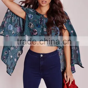 2016 Latest Fashion Design Lady Printed Cape Sleeve Tie Front Blouse thumbnail-1