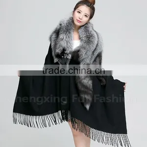 CX-B-P-53A Women Luxury Fox Fur Trim Pashmina Shawl thumbnail-2