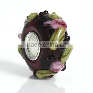 Custom Round Silver Tone Core Flower Leaves Purple European Style Large Hole Lampwork Glass Beads thumbnail-1