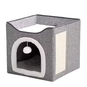 Meow Love High Quality Foldable Cat Scratcher House Covered Kitty Cave Beds Cute Modern Cat Condo for Indoor Cube House thumbnail-1