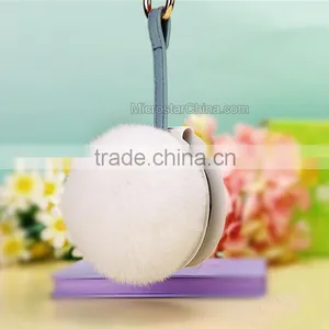 9cm Genuine Rex Rabbit Double Makeup Mirror Keychain Fur Ball Key Chain thumbnail-5