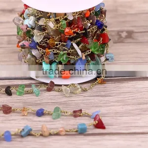 Natural Mix Stone Turquoise Coral Amethyst Rose Quartz Crystal Chip Beads Chain Rosary Chain Jewelry for Necklace thumbnail-1
