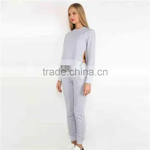Men Sweatsuit Autumn Made O-neck Irregular Grey Women Custom Tracksuits Set Both Side Slit Sweatsuit Set for Autumn thumbnail-3