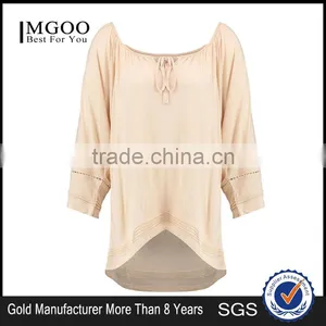 Brand Customzied Linen Plain Beige Blouses Tops For Ladies Casual Cotton Crochet Cold Shoulder Tops thumbnail-1