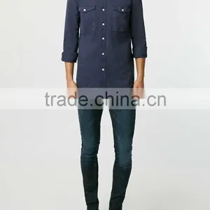 New Model Navy Blue Double Pocket Twill Long Sleeve Casual Shirt thumbnail-3