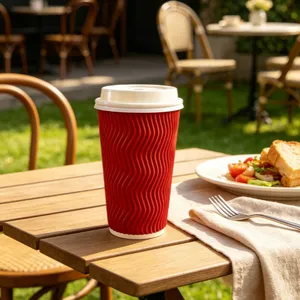Biodegradable Custom Logo Double Ripple Wall Hot Coffee Paper Cup With Lid thumbnail-1