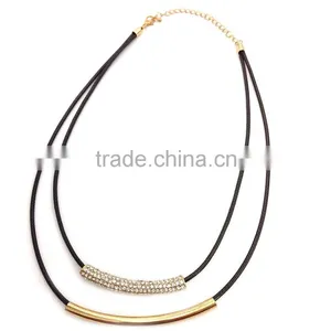 Fashion Two Strands of Synthetic Leather Two Gold Plated Tube Design Necklace thumbnail-1