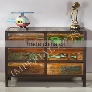 INDIAN IRON BASE RECYCLE WOOD 6 DRAWERS CHEST thumbnail-1