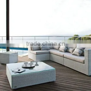 White Wicker Sectional Sofa With Two Stool and Square Table thumbnail-1