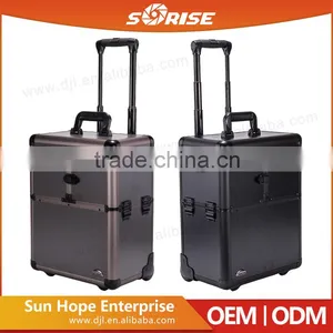 China Wholesale High Quality Aluminum Trolley Portable Makeup Cases Rolling Cosmetic Boxes thumbnail-2