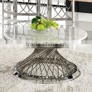 European High Gloss Face Round Stainless Steel Tube Coffee Table Set With Marble Top B1071 thumbnail-1
