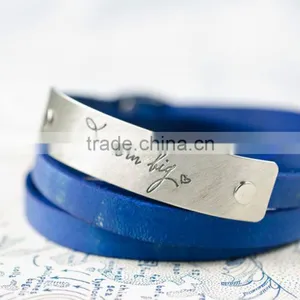 Personalized Leather Wrap Bracelet, Custom Logo Hand-stamped Leather Bracelet, Adjustable Leather Wrapped Bracelet thumbnail-1
