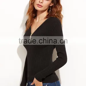 Black V Neck Zipper Ribbed Sweater Cotton Polyester Long Sleeve Pullovers Tight Sweater thumbnail-2